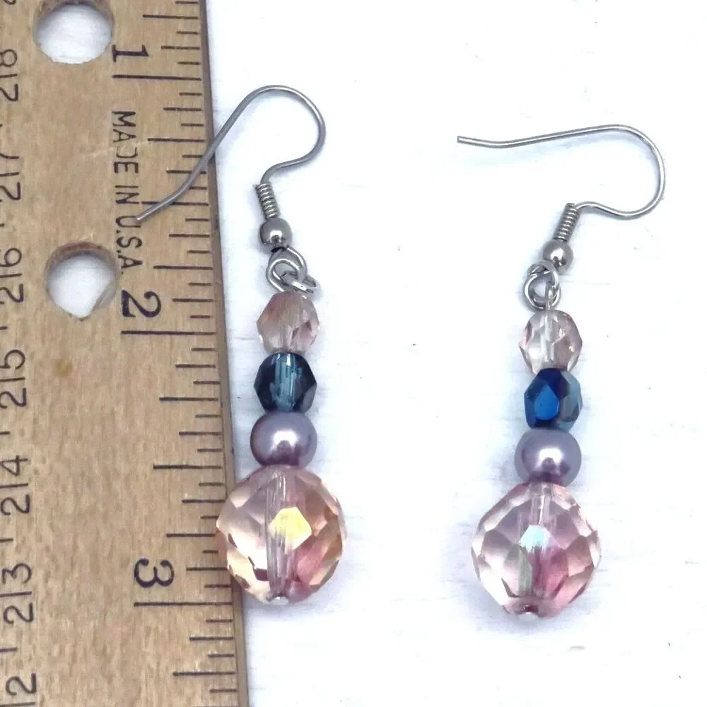 Dangle Earrings for Women, Crystal and Pearl Blue & Pink Handmade Drop Earrings
